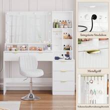 Devoko Modern Vanity Table With Mirror, LED Lighting With 3 Color Modes, 5 Drawers, Open Shelves, Jewelry Hooks And Integrated Power Outlet, Dressing Table For Bedroom, White - View 4