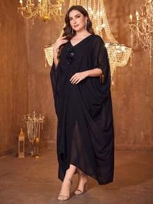 V-Neck Batwing Sleeve Handmade Beaded Floral Sequin Party Split Formal Evening Gown - Black - View 4