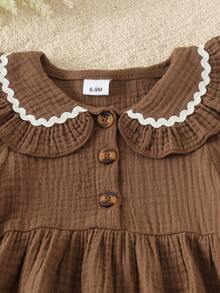 2pcs Baby Girl Mori Style Vintage Brown Peter Pan Collar Long Sleeve Top & Matching Loose Wide Leg Pants Set, Lightweight For Spring/Autumn - Coffee Brown - View 3