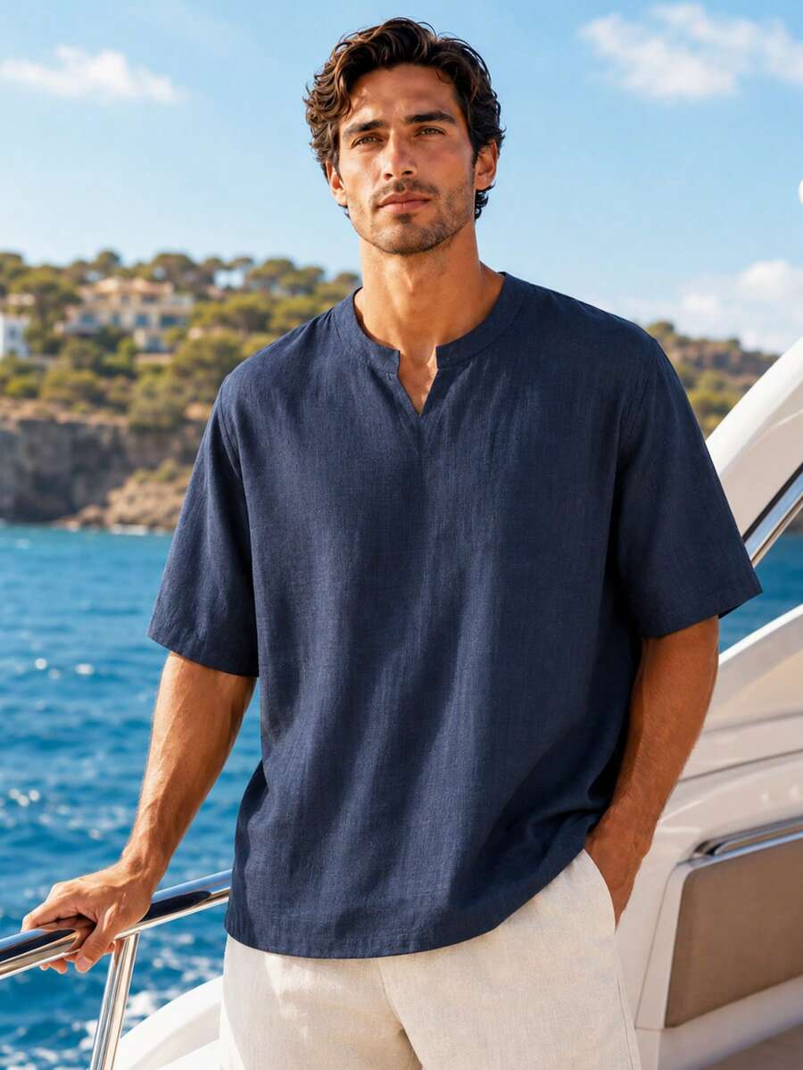 1pc Men's Navy Blue Faux Linen Textured Henley Collar T-Shirt, Loose Drop Shoulder Drape Fit, Lightweight Breathable Polyester Fabric, Summer Vacation Style, Machine Washable, Relaxed Casual Short Sleeve Top For Beach - Navy Blue - View 1
