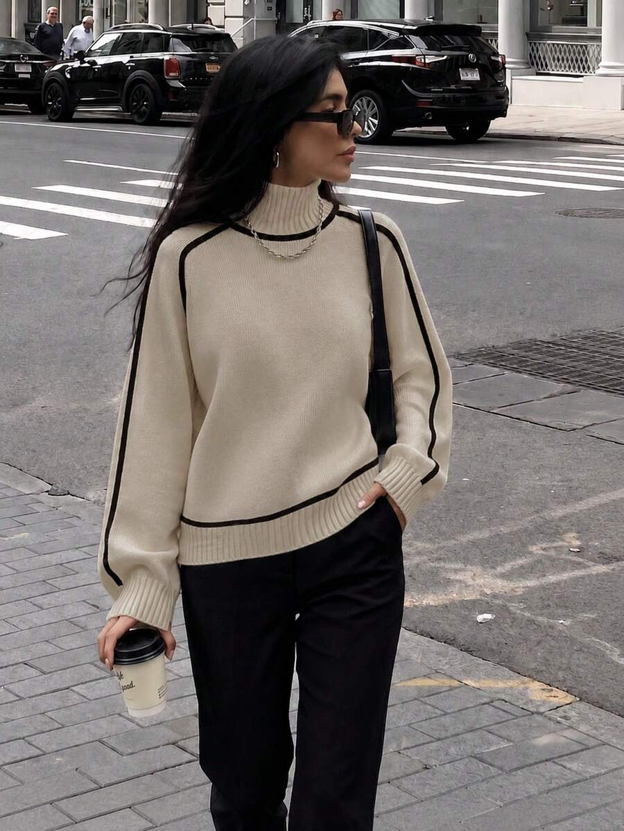 秋冬女款休閒拼色長袖高領套頭毛衣,法式風格,美式復古極簡老錢風時尚,通勤返校上衣,適合外穿 - 卡其色 - 查看 1