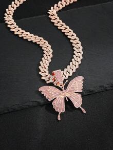 Liontin Kupu-kupu Kristal Berkilau 4 Warna dengan Rantai Cuban Tebal, Aksesori Leher Pernyataan Gaya Hip Hop Jalanan Unisex untuk Pasangan - Berbagai kalung kupu-kupu warna-warni - View 12