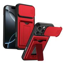 Card Holder Stand Phone Case Integrated Slide Lens Cover + Card Slot Storage + Hidden Stand 3-In-1 Function, Full Coverage Lens Protection, Dustproof & Scratch-Resistant, Easy Card Storage, Horizontal & Vertical Dual-Use Stable Support, Compatible With IPhone 16/17, / And More - Red - View 4