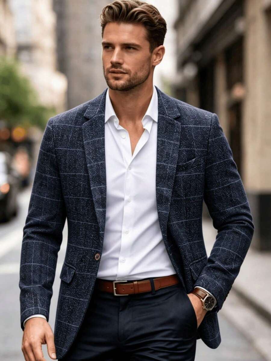 Blazer casual de negocios a cuadros retro para hombres, clásico para ir al trabajo - azul real - Ver 1