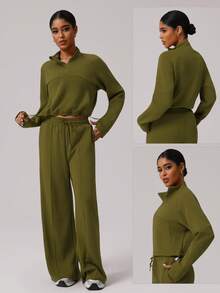 Sodalemon Women Half Zipper Solid Color Sweatshirt Pockets Drawstring Waist Casual Outdoor Workout Activewear Thumb Hole Running Sport Top - Olive Green - View 9