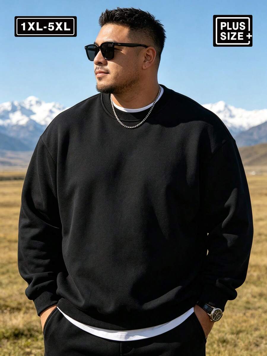 Plus Size 1XL-5XL Men's Solid Color Drop Shoulder Long Sleeve Casual Sweatshirt, Autumn/Winter Back To School Season Sports - Black - View 1