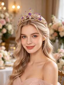 1pc Women's Fashion Princess 3D Crown Sweet Luxury Rhinestone Birthday Hair Accessory Headband - 44014 Purple - View 3