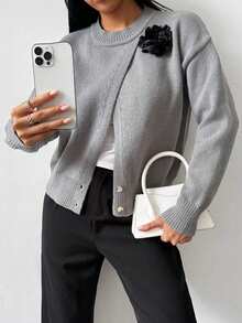 Early Autumn,Irregular Wrap Front Floral 3D Embellished DecorSplit Side Pullover Knit , Crew Neck Drop Shoulder Short Knit Outerwear,Cardigan For Wome - Grey - View 5