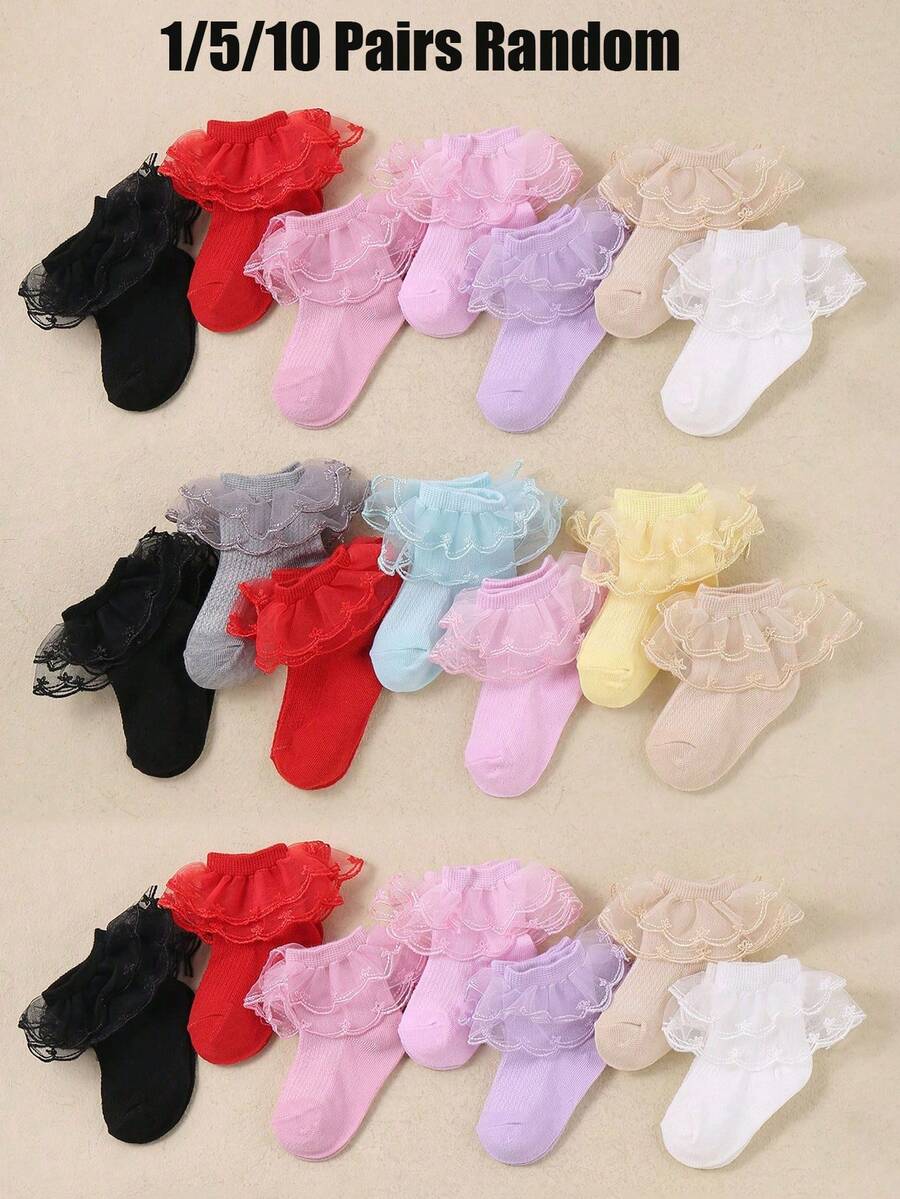 1/5/10 Pairs Random Style Baby Girl Socks, Breathable Mesh Lace Ruffle Trim Toddler Short Socks, Newborn Infant Holiday Gift, 0-36M - Multicolor - View 1