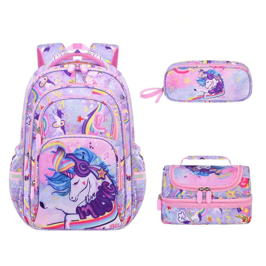 Fashion Printed Unicorn Element Backpack Set For Teenagers, Large Capacity With Multiple Pockets And Compartments, Suitable For Travel, School, And Daily Use