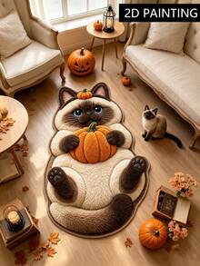 1 pieza Felpudo de gato siamés con calabaza, alfombra de sala de estar, alfombra, alfombra de área de sala de estar, alfombra de área pequeña, decoración del hogar, decoración del hogar de sala de estar, decoración de la habitación, alfombra lavable, regalo de Halloween - Gato siamés calabaza - Ver 1