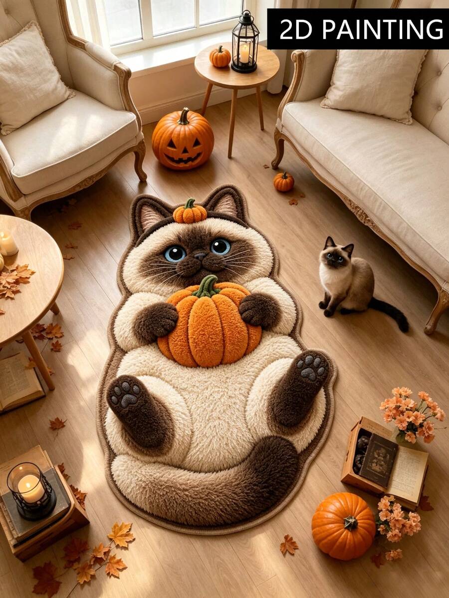 1 pieza Felpudo de gato siamés con calabaza, alfombra de sala de estar, alfombra, alfombra de área de sala de estar, alfombra de área pequeña, decoración del hogar, decoración del hogar de sala de estar, decoración de la habitación, alfombra lavable, regalo de Halloween - Gato siamés calabaza - Ver 1