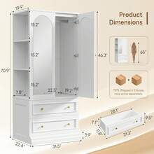 Armoire Wardrobe Closet With Full Length Mirror, 71 Inch Bedroom Wood Clothing Storage Cabinet W/ 2 Drawers, Hanging Rod & 3 Open Shelves, White - 1 - View 5