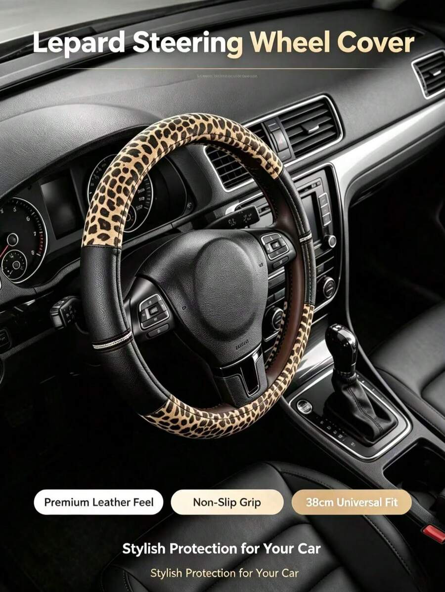 Vintage Leopard Print Car Steering Wheel Cover, Fashionable Non-Slip Breathable All-Season Universal Car Steering Wheel Protector, Leopard Print Leather Car Steering Wheel Cover, Personalized Spliced Non-Slip Sweat-Absorbing Universal Car Steering Wheel Grip - Leopard Print Patchwork - View 1