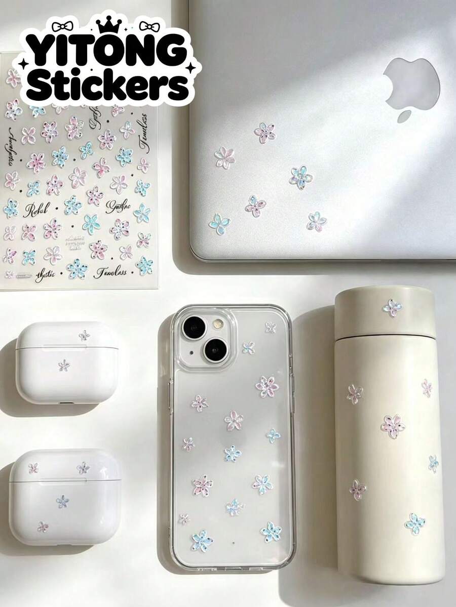 1pc Pink-Blue Gradient Mini 5-Petal Flower Decorative Sticker, Self-Adhesive Waterproof Decal For Laptop, Phone Case, Tumbler, Earphone Case, Decorative Material Sticker - Macaron Polka Dot Floral - View 1