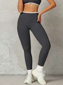 Yefecy 1Pc Seamless Yoga Leggings For Women With Black White Waistband, Slim Fit Activewear For Gym Daily Outfits Sports Fall - Dark Grey - View 6