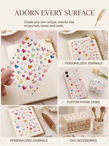 1 Set INS Sweet & Cool Colorful Heart Decorative Stickers, Striped, Leopard Print, Gradient Mini Heart Combination Rich Patterns, Macaron Color-Block Fresh Versatile, Suitable For Digital Shells, Office Supplies, Storage Box Decoration - Colorful Hearts - View 2