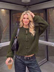 Nicenter Women's Fall‑Winter Cozy Wool Blend Fuzzy Knit Crew Neck Frog Button Oversized Cropped Cardigan Sweater Tops Fall‑Winter Clothes For Women - Army Green - View 8