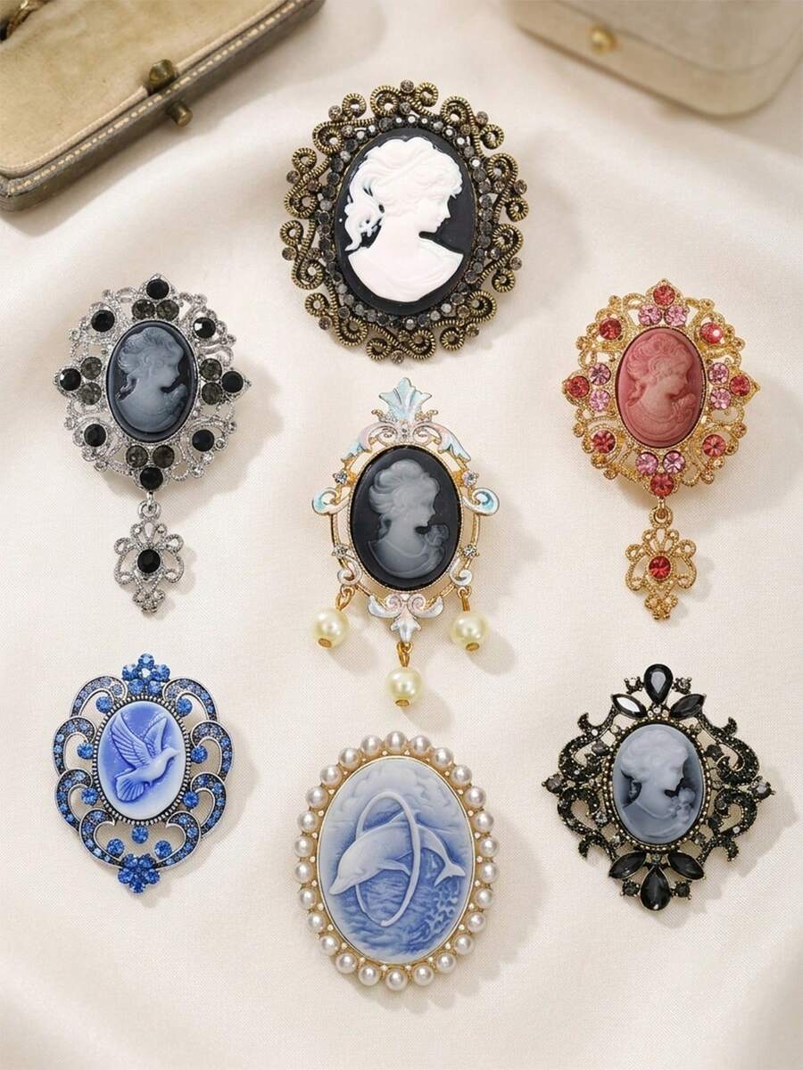 1pc Vintage Cameo Brooch Pins Victorian Style Relief Portrait Rhinestone Pearl Badges Elegant Retro Jewelry Accessories For Women
