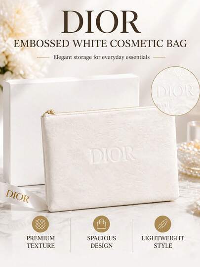 Dior Embossed White Makeup Bag, Sold Individually, Fine Texture With Smooth Zipper, Suitable For Daily Storage, Travel, And Gifting