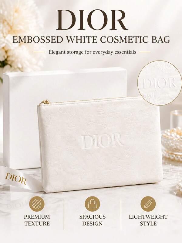 Dior Embossed White Makeup Bag, Sold Individually, Fine Texture With Smooth Zipper, Suitable For Daily Storage, Travel, And Gifting