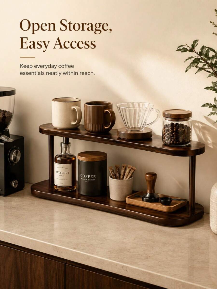 2-Tier Vintage Wooden Desktop Storage Rack, Vertical Shelf, Painted Material, Retro Texture, Durable Wooden Material, Space-Saving Design, Suitable For Coffee Station Cup And Coffee Bean Placement, Kitchen Condiment Bottle Organization, Cosmetic Countertop Organization, Living Room Desktop Accessory Organization, Multi-Functional Room Decor, Bedroom Decor, Shelf, Rack - View 1