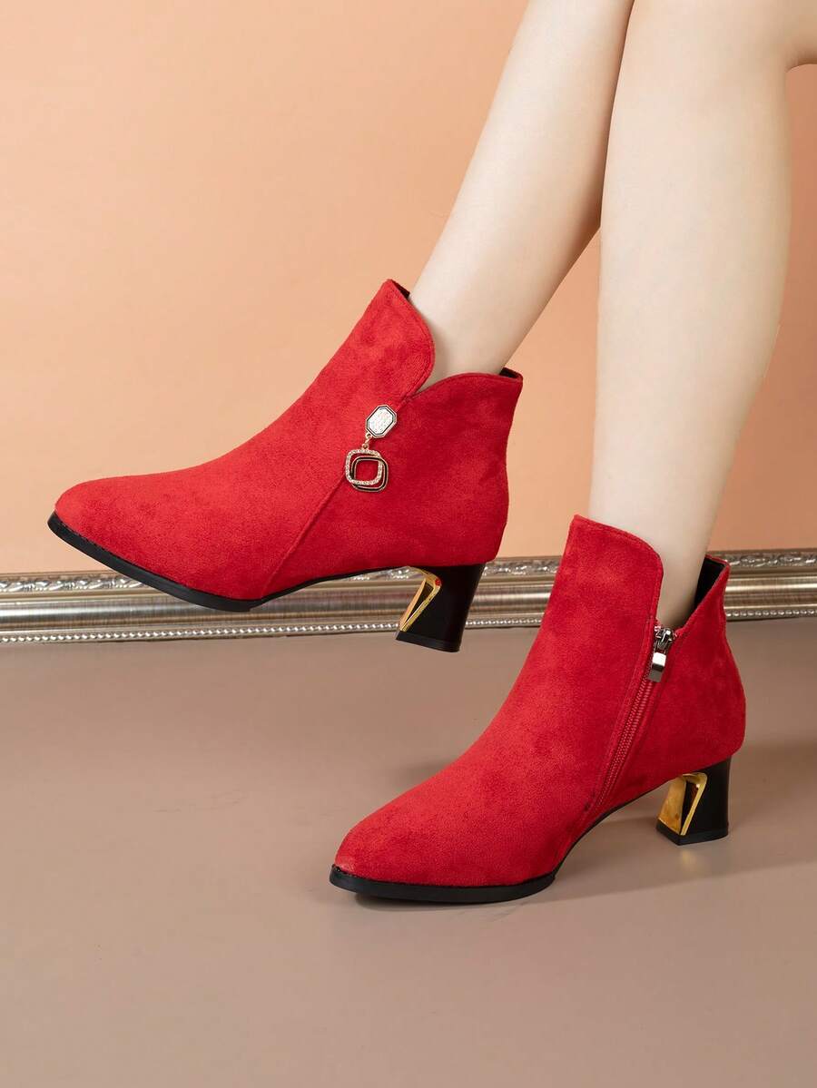 Women's Thermal Lined Warm Ankle Boots, Thick Heel New Autumn/Winter Suede Boots, High-End Style Mom High Heel Shoes - Red - View 1
