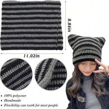 1pc Women's Handmade Knitted Hat, Y2K Striped Hat, Couple Cute Cat Ear Casual Hat, Suitable For Autumn/Winter Outdoor Sports, Street Fashion Matching, Christmas Winter Gift Cute - A - View 7