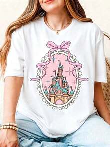 Free Leisure Unisex T-Shirt 100% Cotton 210g | Magic Castle Design With Flirty Pink Bow | Retro And Y2K Style For Spring-Summer 2026 | Loose Fit And Crew Neck For Travel, Everyday Wear And Urban Looks | American Casual Night - 白色的 - 查看 9