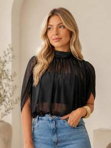 Basic Long Sleeve Tulle Bodysuit Fall Winter 2025 Fashion - Black-draped - View 1