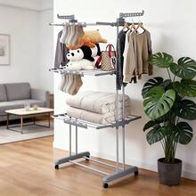 Three-Tier Clothes Drying Rack With Two Bars (Including 3 Sock Clips) – Freestanding Clothes Drying Rack – Suitable For Indoor And Outdoor Use – Foldable And Extendable – Waterproof And Rustproof – Made Of Carbon Steel - Grey - View 8