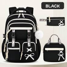 3 Pieces Set Bowknot (Detachable) Large Capacity Backpack, Tote Bag, Pencil Case, Polyester Adjustable Shoulder Strap Zipper Closure Back To School Gift - A - View 12