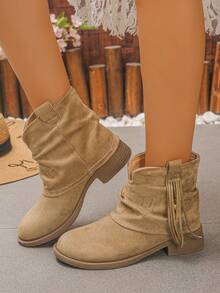 XfxfA Pair Of Fashionable Short Boots With Tassel, Bead, And Pleated Pile, Suitable For Commuting/Daily Travel. - Khaki - View 5