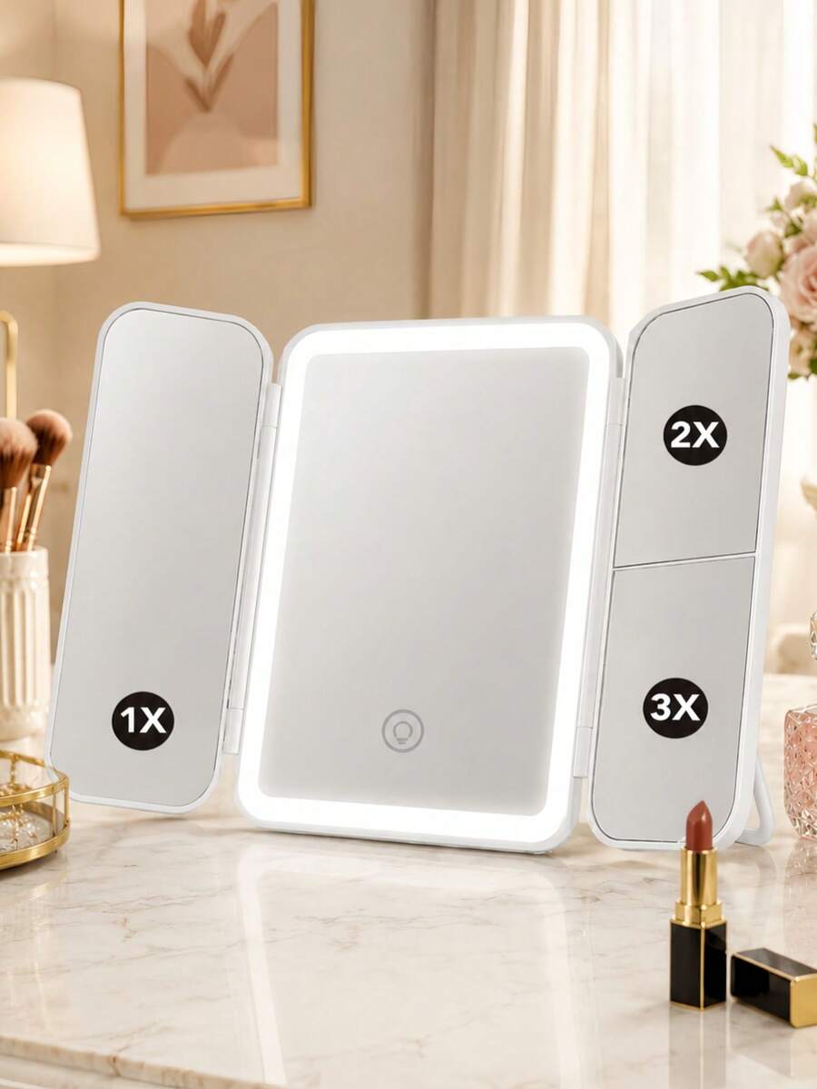 LED Tri-Fold Makeup Mirror, Real 2x/3x Magnification, 3 Lighting Modes, Foldable Storage, Vanity Mirror, Rotatable Makeup Mirror, Touch Control, 600mAh Battery, Ideal Holiday Gift