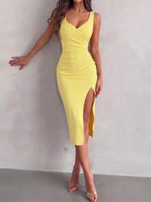 Vestido Maxi Elegante y Sexy con Tirantes de Espagueti, Fruncido, Abertura Asimétrica, Ajustado, Amarillo, para Mujer, Noche, Discoteca, Cóctel y Fiesta - Amarillo - Ver 8