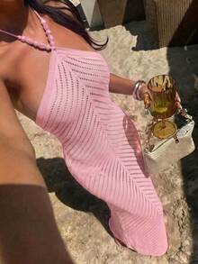 女款 Y2K 仿珍珠裝飾掛脖洋裝，性感粉色繫帶波希米亞修身洋裝，夏季海灘派對度假穿搭 - 粉色 - 查看 3