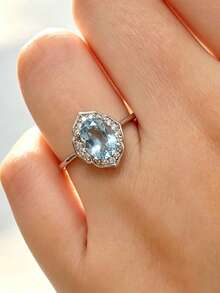 1 Stück S925 Sterling Silber mit synthetischem Zirkonia in Meeresblau, geometrische Form, Damenring, böhmischer Stil, hochwertiger Schmuck für den täglichen Gebrauch, Geschenk für geliebte Menschen - Silber - Übersicht 10