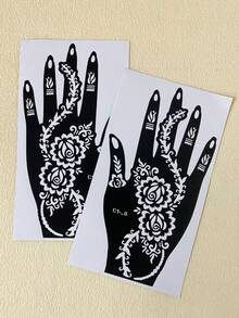 2 Sheets Reusable Self-Adhesive Henna Stencil Templates, Floral Designs Stencil Stickers For DIY Body Art, Perfect For Parties And Festival Events, Stencils For Crafts Reusable, Mehndi Designs - Black - View 6