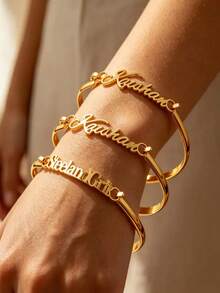 Personalized Name Bracelet, Customized 18K Gold Nameplate Bracelet, Handmade Stainless Steel Wristlet, Suitable For Holiday, Party, Wedding, Daily Wear - Multicolor - View 2