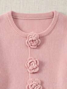 Cárdigan de punto rosa romántico con cuello redondo, decoración de botones con rosas 3D, mangas largas con volantes, estilo para brunch de vacaciones de otoño & paseo por la ciudad - Rosa - Ver 7