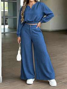 Women's New Solid Color Casual Zipper 2-Piece Set, V-Neck, Suitable For Daily Wear, Home, Office, Spring, Summer, Autumn - Blue - View 3