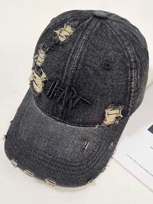 做舊水洗丹寧棒球帽 HEART字母刺繡 破洞毛邊設計復古Dad Hat Y2K街頭風中性戶外遮陽帽 - heart牛仔棒球 - 查看 9