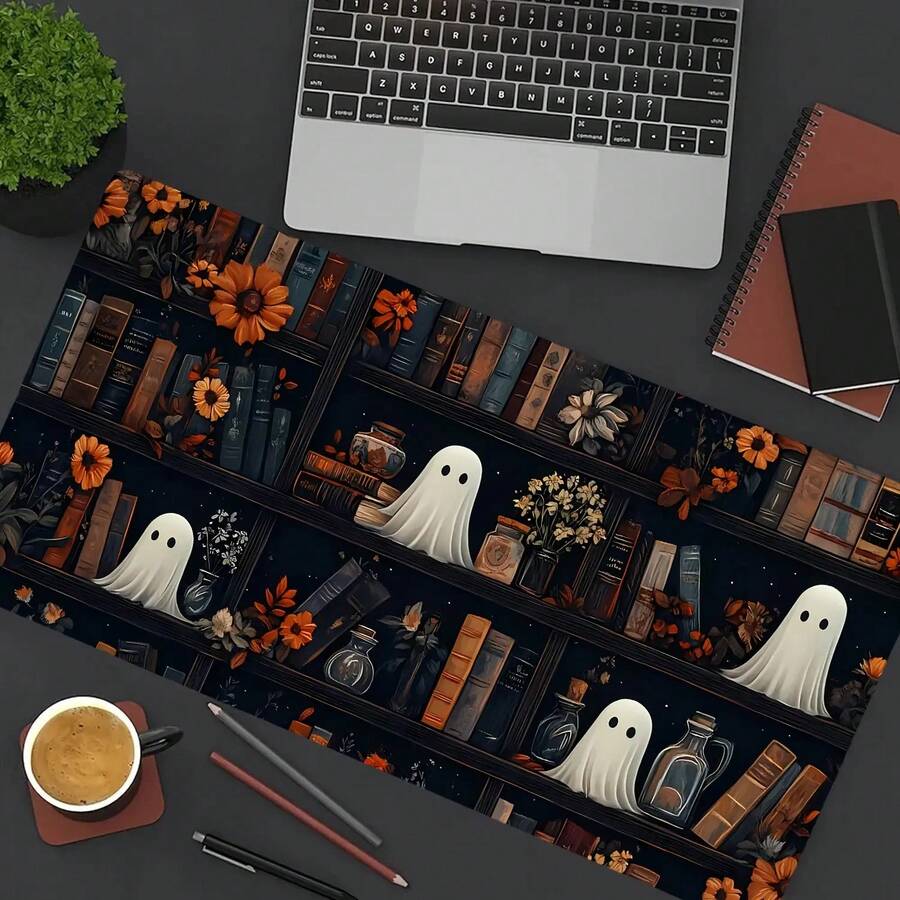 1 buah Alas Mouse Gaming & Alas Meja Besar dengan Desain Rak Buku Perpustakaan yang Lucu - Alas Karet Anti Selip, Tema Halloween & Musim Gugur dengan Pola Buku, , dan Hantu, Cocok untuk Pengaturan Komputer Kantor Rumah, Dekorasi Rak Buku, Alas Meja Komputer, Desain Menarik, Tahan Lama - Alas mouse/alas meja - View 1