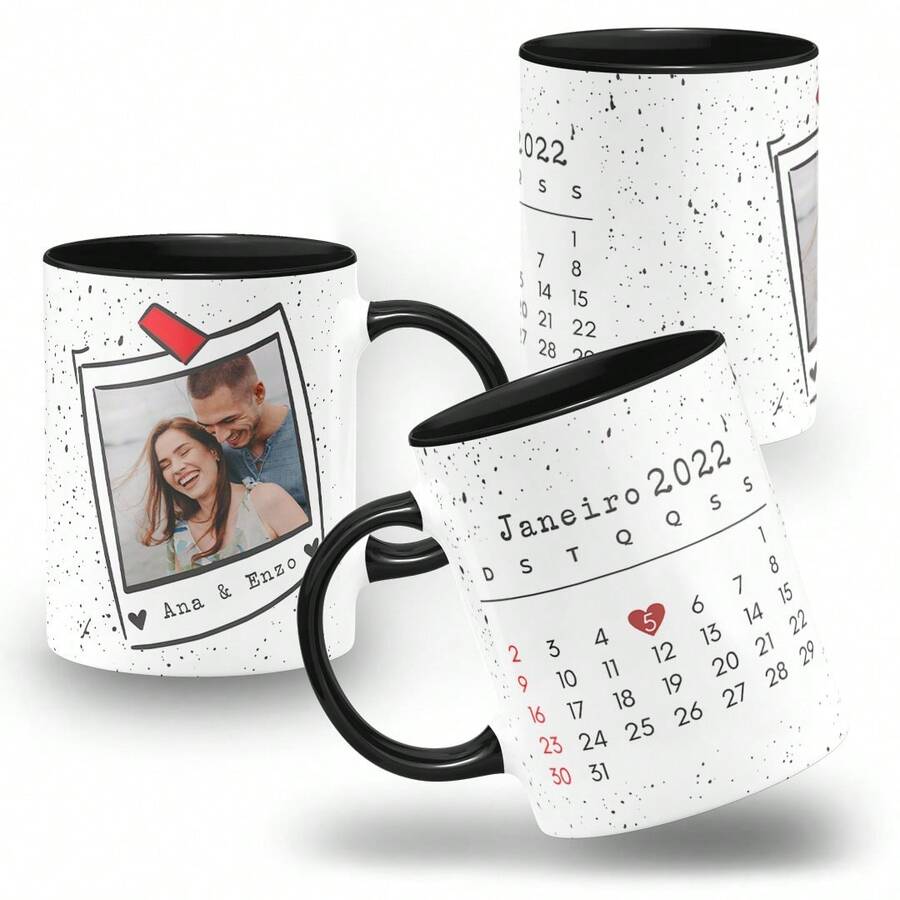 Caneca Personalizada com Foto e Data Especial | Presente Romântico Casal Namorados - Colorida - Preto - Visão 1