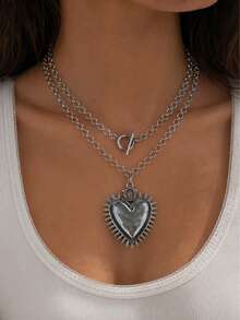 GARMEND 2pcs/Set American Vintage Distressed Silver Double Layer Stacked Necklace With Spiked Crown Heart Pendant, OT Clasp Punk Hip-Hop Personalized Neck Chain Accessory - Silver - View 7