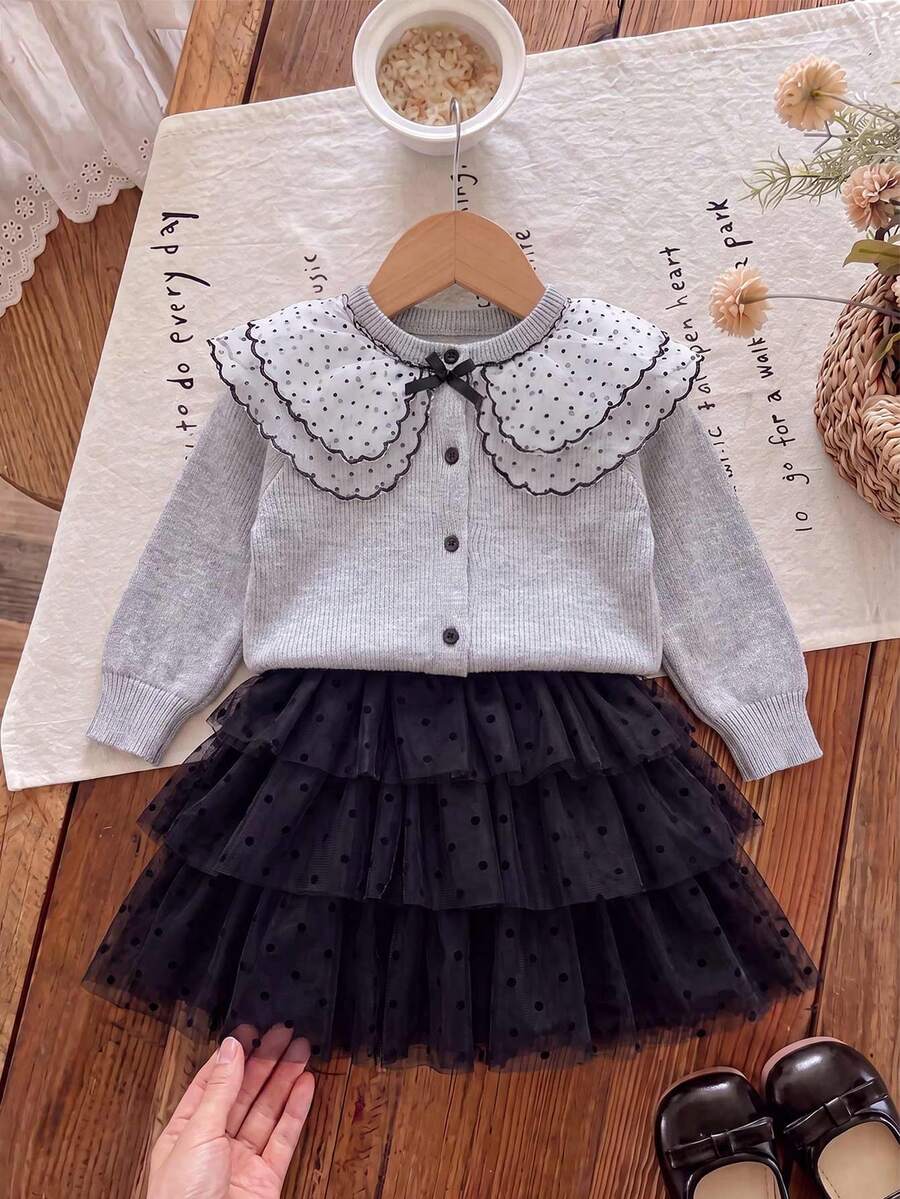 Girls' Double Layer Mesh Large Collar Bow Cute Cardigan And Polka Dot Mesh Ruffle Skirt - Light Grey - View 1