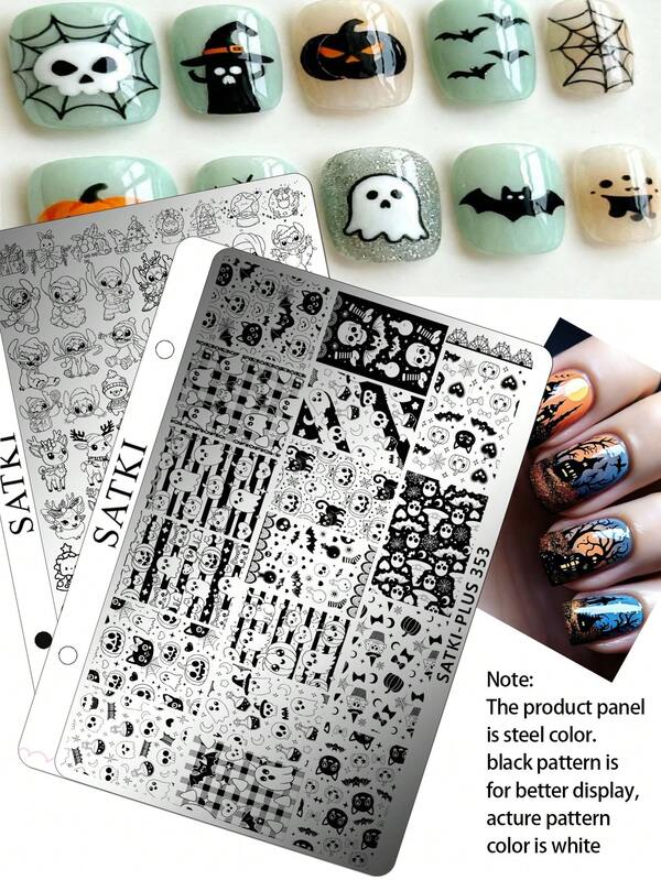 satki 1 buah Plat Stempel Nail Art, 30 Pola, Hantu, Tengkorak, , Wajah Hantu, Darah, Kelelawar, Batu Nisan, Salib, Paku Keling, Badut dan Elemen Halloween Lainnya, Templat Nail Art Gaya Gelap, Plat Stempel Logam, Cocok untuk Seniman Kuku Profesional, Alat Desain Nail Art DIY