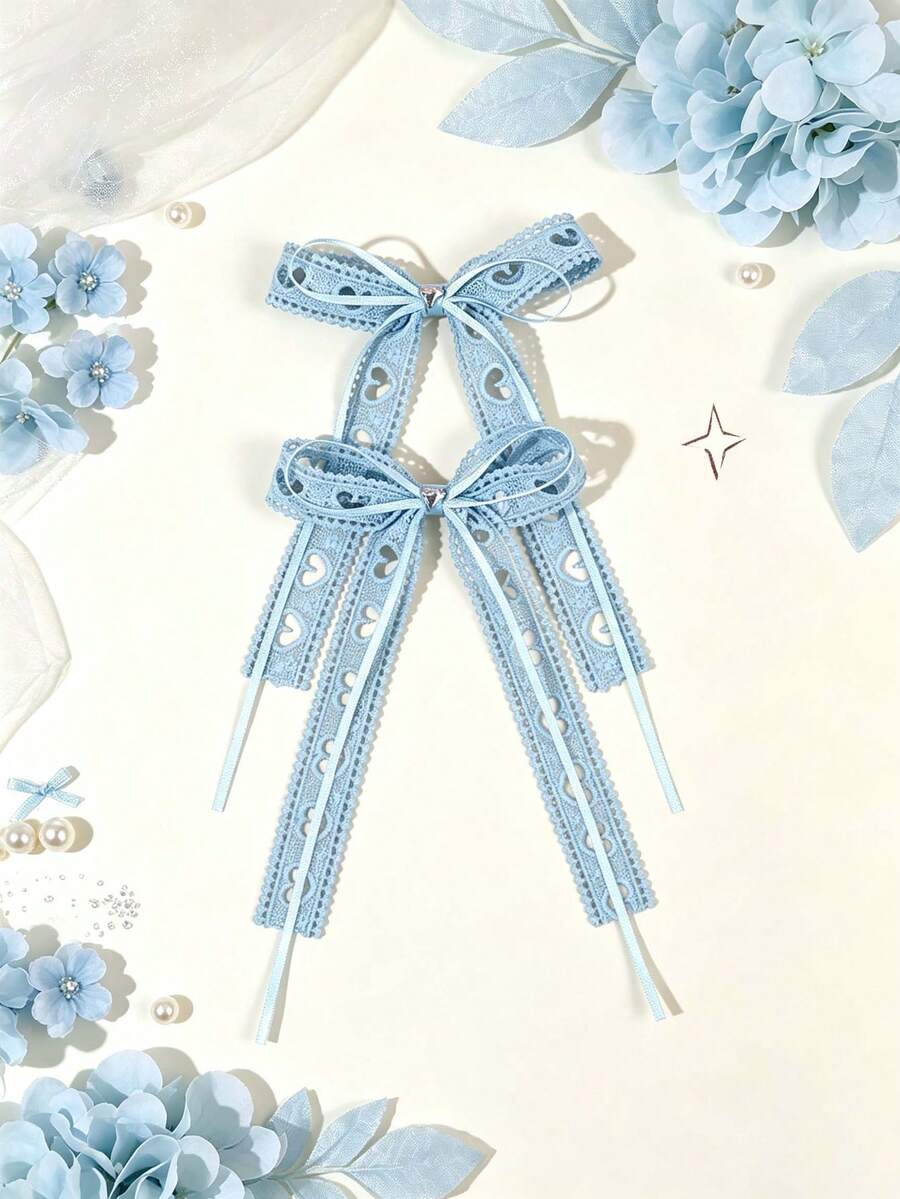 2pcs Light Blue Heart Hollow Lace Long Ribbon Bow Hair Clips, Iridescent Heart Decor Alligator Clips, Gentle Sweet Daily Hair Accessories For Girls And Children - Baby Blue - View 1