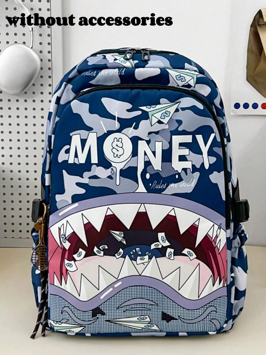 New Shark Pattern Durable Lightweight Portable Classic Casual Fashion Versatile Comfortable Minimalist Large Capacity Backpack For Shopping And Travel Suitable For Multiple Occasions (Without Pendant) - 0582 Blue - View 1
