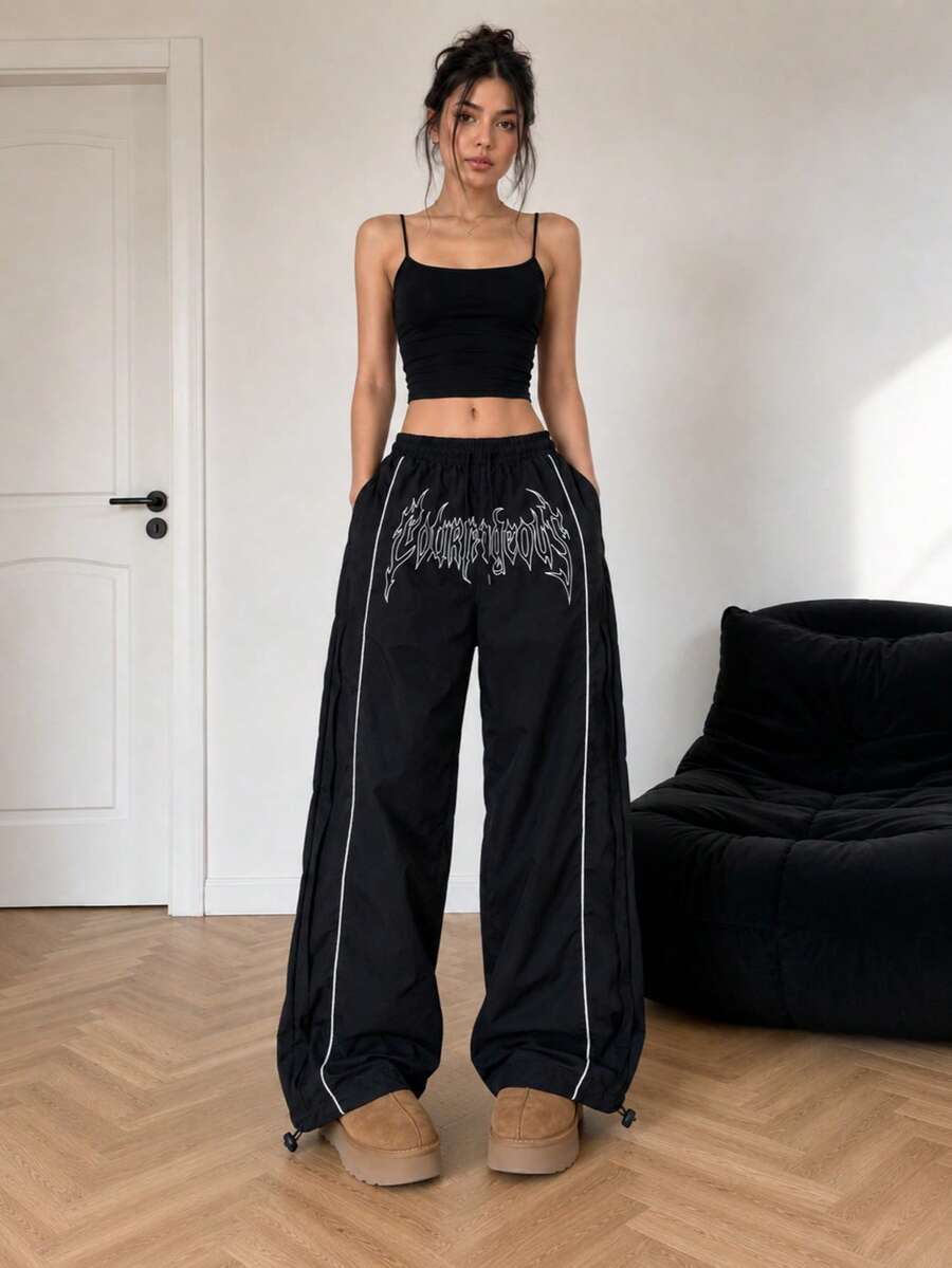 Women's Black Printed Colorblock Trim Wide Leg Casual Pants, Elastic Waist Drawstring Hem, Daily Street Style - Black - View 1